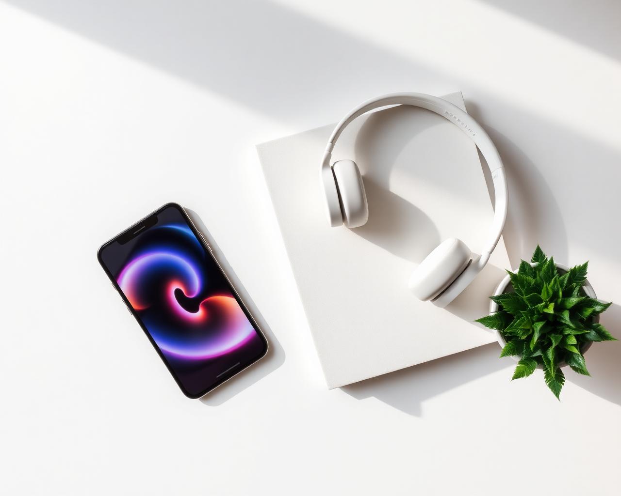 Mesa con celular, audífonos y libreta